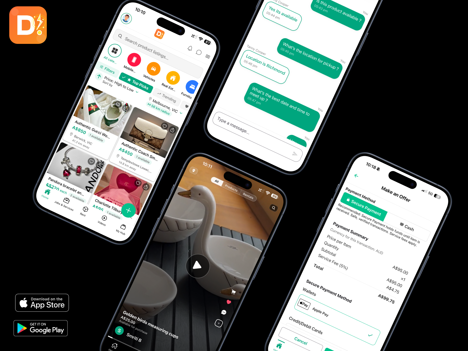Deal Once on four phones: marketplace with categories and listings, buyer–seller chat, full-screen video product listing, secure checkout with Apple Pay; App Store and Google Play badges below.